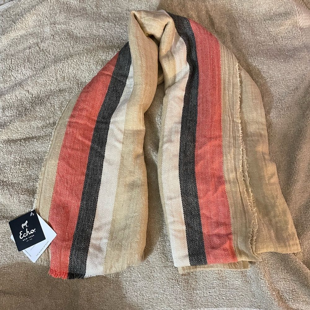 Echo New York Scarf Wrap NWT  brown with coral, dark brown, and cream stripes
